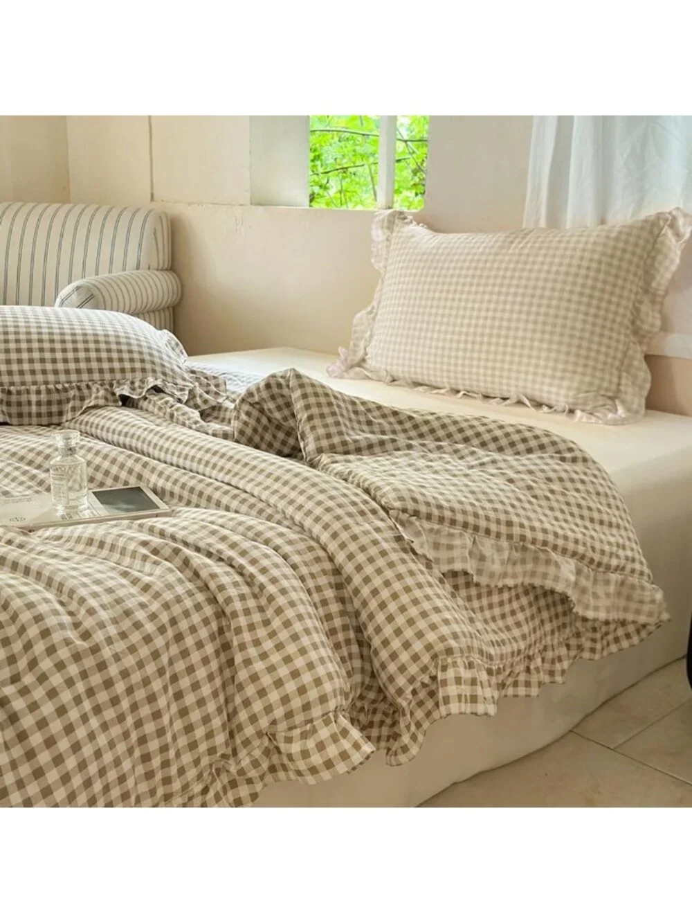Tan Ruffled Gingham King Comforter Set | Cozy Bedding | Farmhouse Style Decor